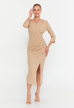 Load image into Gallery viewer, V-Neck Midi Dress with Ruched Waist, Decorative Buttons, and Front Slit