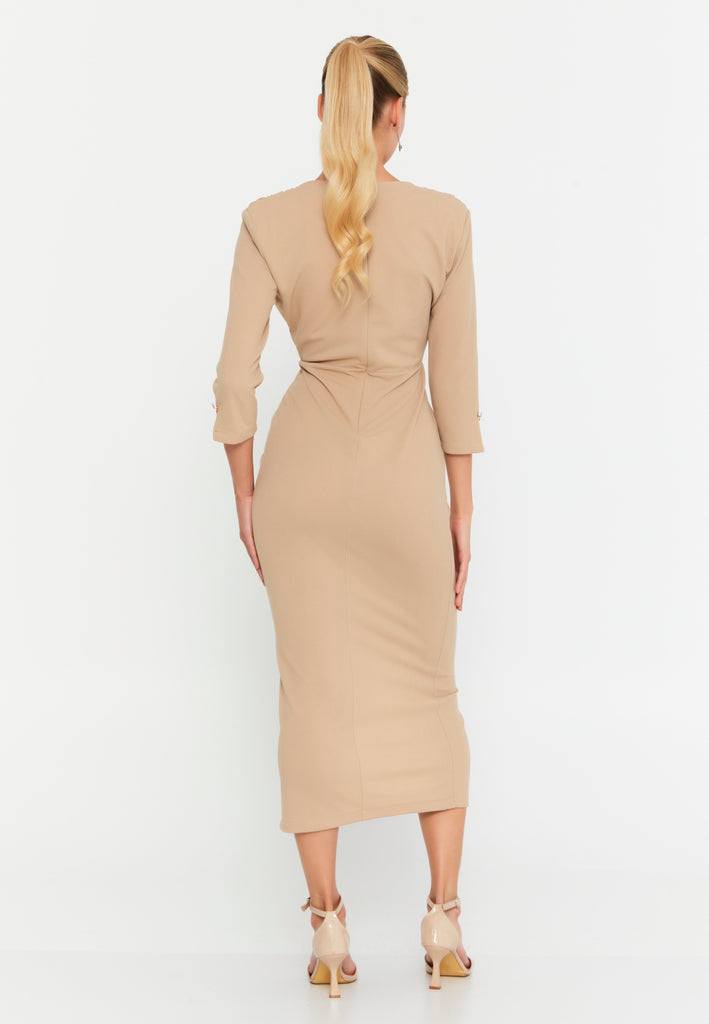V-Neck Midi Dress with Ruched Waist, Decorative Buttons, and Front Slit
