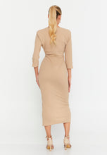 Load image into Gallery viewer, V-Neck Midi Dress with Ruched Waist, Decorative Buttons, and Front Slit