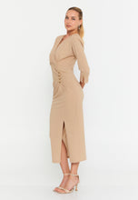 Load image into Gallery viewer, V-Neck Midi Dress with Ruched Waist, Decorative Buttons, and Front Slit