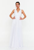 V-Neck Sleeveless Maxi Gown with Waist-Cinching Design and Flowing Hem