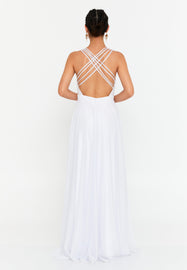 V-Neck Sleeveless Maxi Gown with Waist-Cinching Design and Flowing Hem