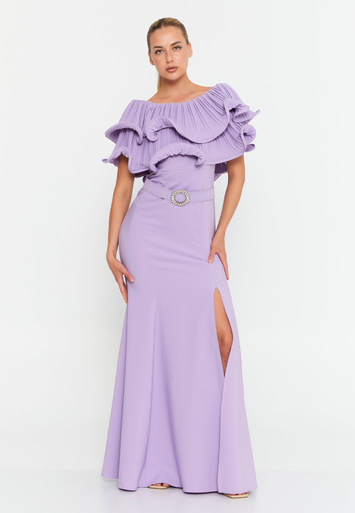 Floor-Length Gown with Layered Ruffle Cape, High Waistline, and Front Slit