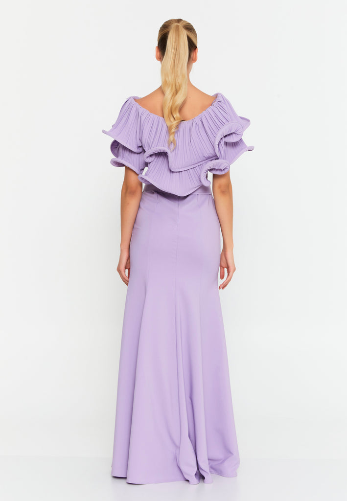 Floor-Length Gown with Layered Ruffle Cape, High Waistline, and Front Slit