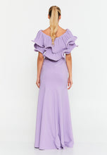 Load image into Gallery viewer, Floor-Length Gown with Layered Ruffle Cape, High Waistline, and Front Slit