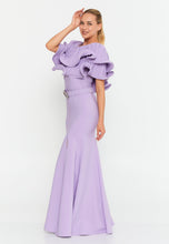 Load image into Gallery viewer, Floor-Length Gown with Layered Ruffle Cape, High Waistline, and Front Slit