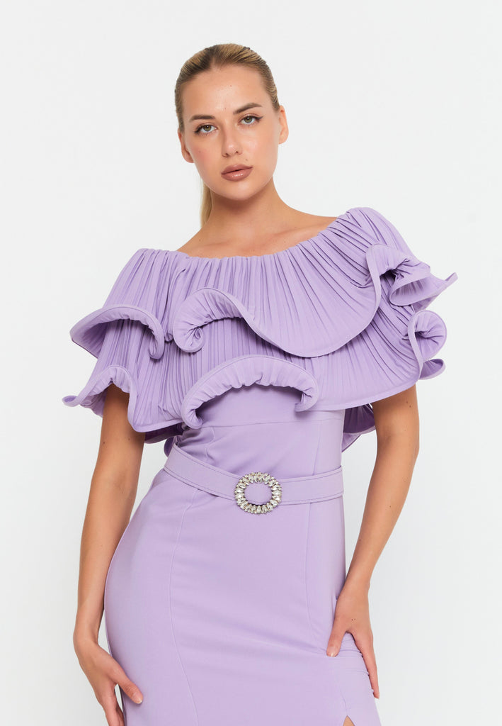 Floor-Length Gown with Layered Ruffle Cape, High Waistline, and Front Slit