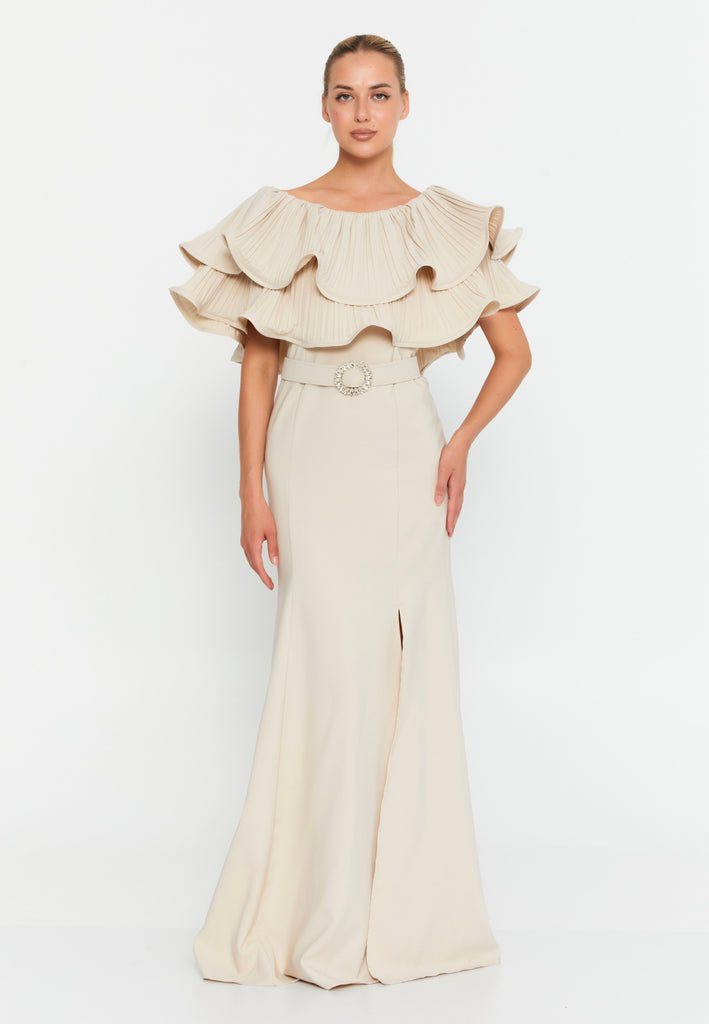 Floor-Length Gown with Layered Ruffle Cape, High Waistline, and Front Slit