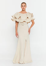 Load image into Gallery viewer, Floor-Length Gown with Layered Ruffle Cape, High Waistline, and Front Slit