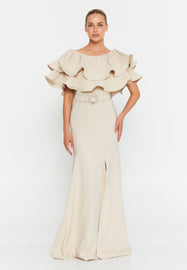 Floor-Length Gown with Layered Ruffle Cape, High Waistline, and Front Slit