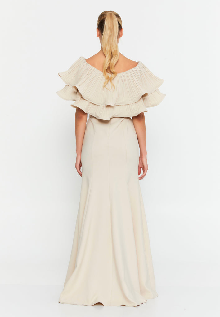 Floor-Length Gown with Layered Ruffle Cape, High Waistline, and Front Slit
