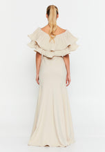 Load image into Gallery viewer, Floor-Length Gown with Layered Ruffle Cape, High Waistline, and Front Slit