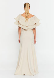 Floor-Length Gown with Layered Ruffle Cape, High Waistline, and Front Slit