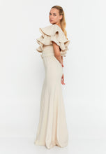 Load image into Gallery viewer, Floor-Length Gown with Layered Ruffle Cape, High Waistline, and Front Slit