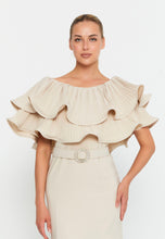 Load image into Gallery viewer, Floor-Length Gown with Layered Ruffle Cape, High Waistline, and Front Slit