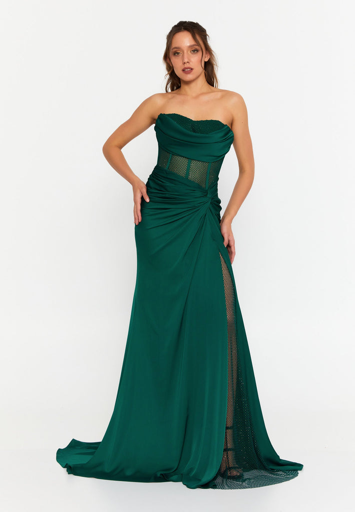 Strapless Slim-Fit Mermaid Gown with Sheer Panels and High Slit