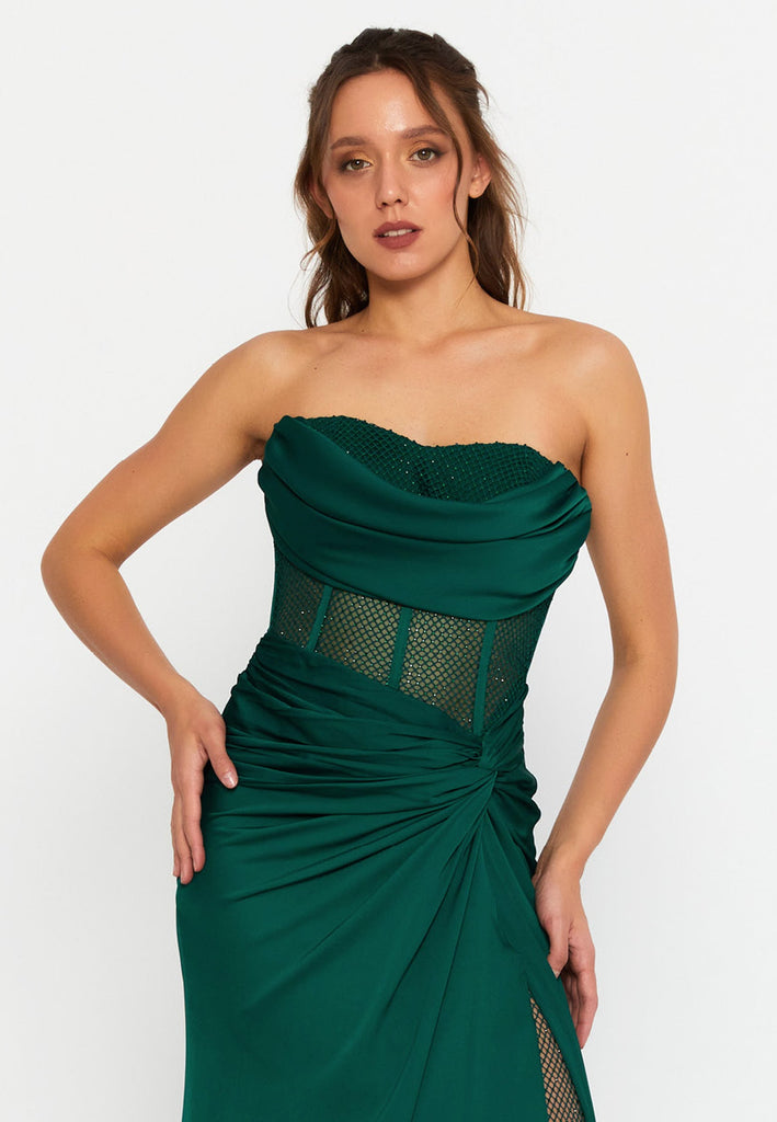 Strapless Slim-Fit Mermaid Gown with Sheer Panels and High Slit