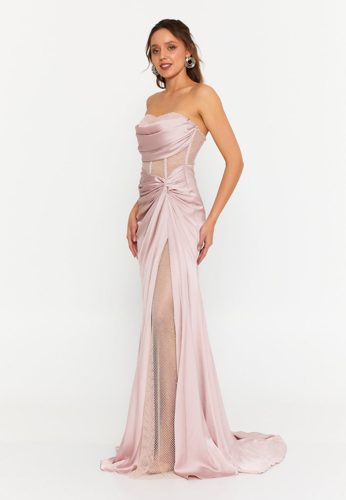 Strapless Slim-Fit Mermaid Gown with Sheer Panels and High Slit