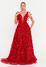 Load image into Gallery viewer, V-Neck Floral Appliqué Mesh Evening Gown with Floor-Length Hem