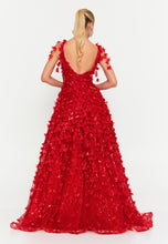 Load image into Gallery viewer, V-Neck Floral Appliqué Mesh Evening Gown with Floor-Length Hem