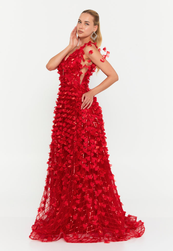 V-Neck Floral Appliqué Mesh Evening Gown with Floor-Length Hem