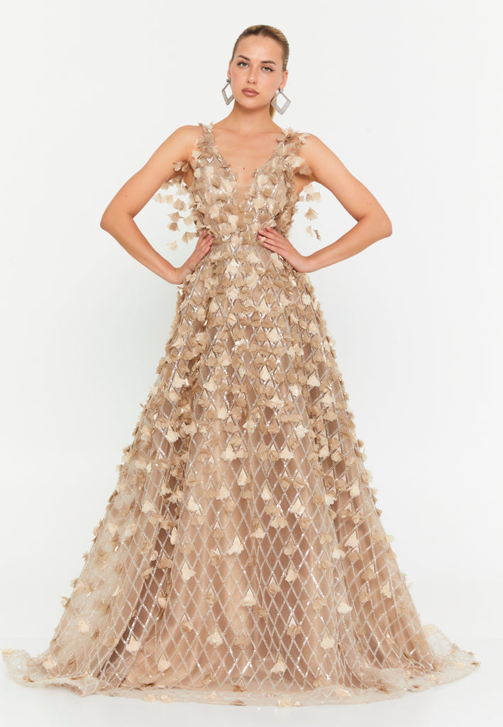 V-Neck Floral Appliqué Mesh Evening Gown with Floor-Length Hem