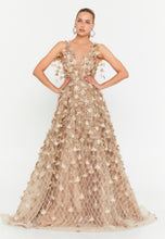 Load image into Gallery viewer, V-Neck Floral Appliqué Mesh Evening Gown with Floor-Length Hem