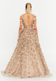 V-Neck Floral Appliqué Mesh Evening Gown with Floor-Length Hem