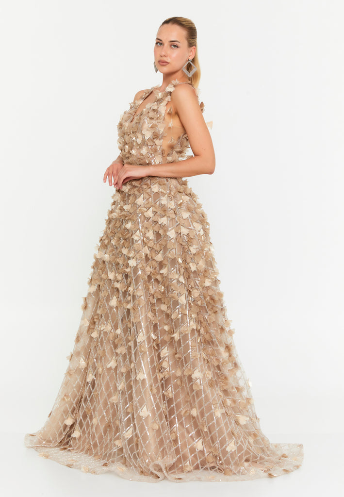 V-Neck Floral Appliqué Mesh Evening Gown with Floor-Length Hem