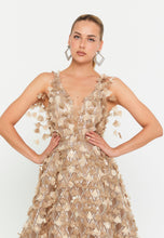 Load image into Gallery viewer, V-Neck Floral Appliqué Mesh Evening Gown with Floor-Length Hem