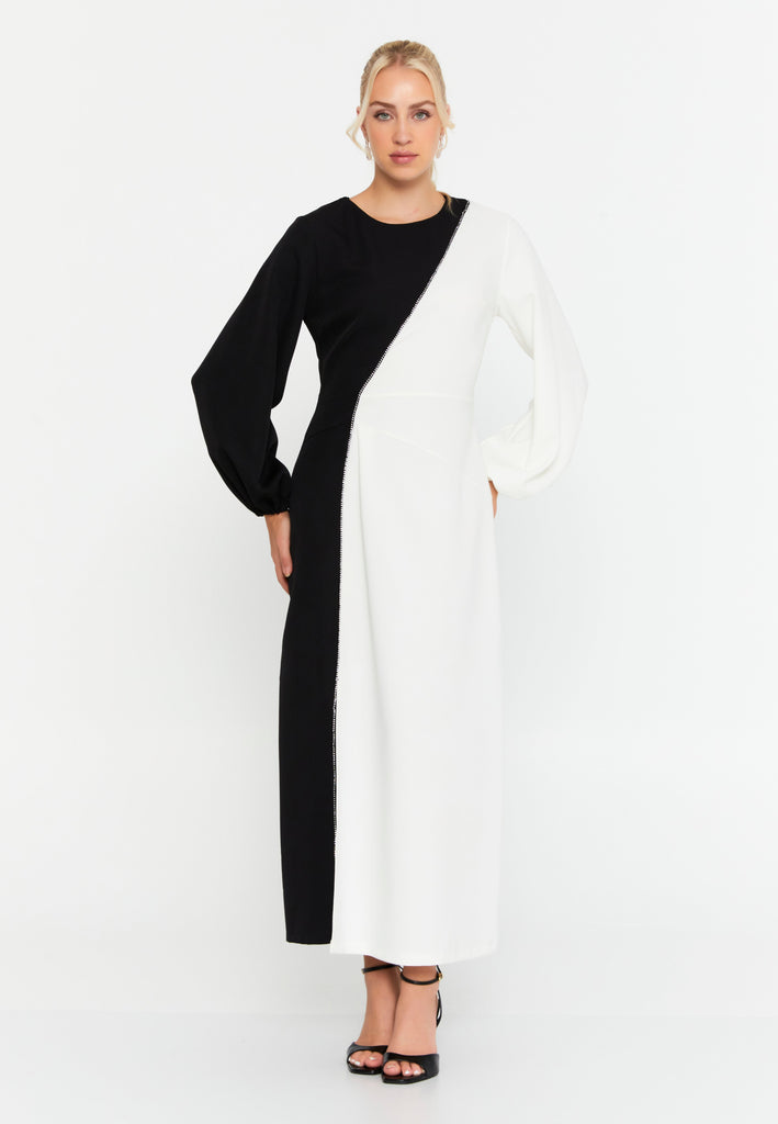 Color-Block Long-Sleeve Loose-Fit Maxi Dress
