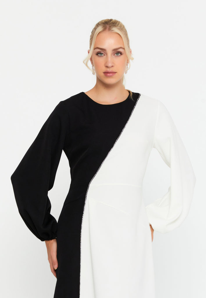 Color-Block Long-Sleeve Loose-Fit Maxi Dress