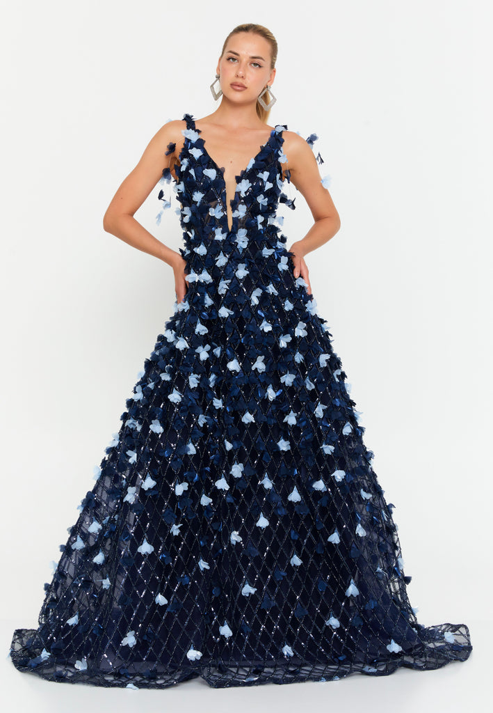 V-Neck Floral Appliqué Mesh Evening Gown with Floor-Length Hem