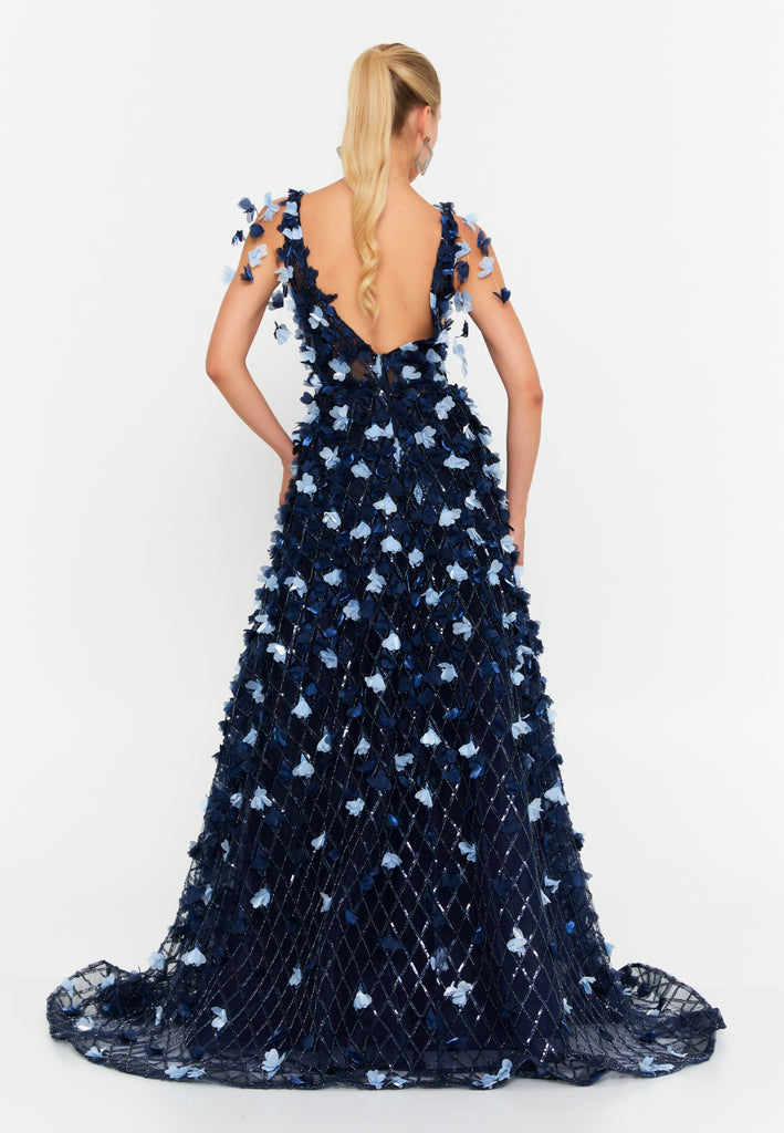 V-Neck Floral Appliqué Mesh Evening Gown with Floor-Length Hem