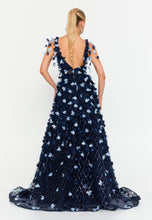Load image into Gallery viewer, V-Neck Floral Appliqué Mesh Evening Gown with Floor-Length Hem