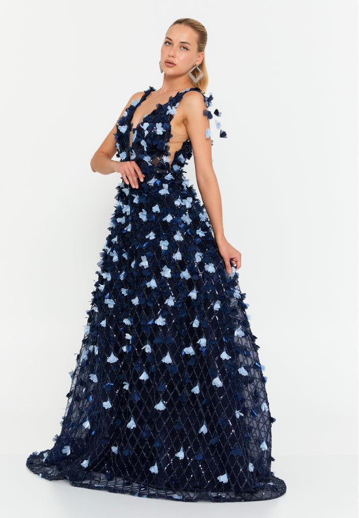 V-Neck Floral Appliqué Mesh Evening Gown with Floor-Length Hem