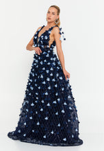 Load image into Gallery viewer, V-Neck Floral Appliqué Mesh Evening Gown with Floor-Length Hem