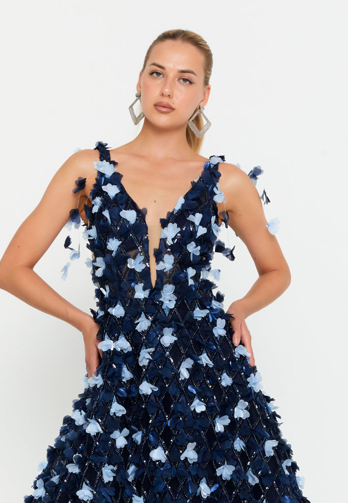 V-Neck Floral Appliqué Mesh Evening Gown with Floor-Length Hem