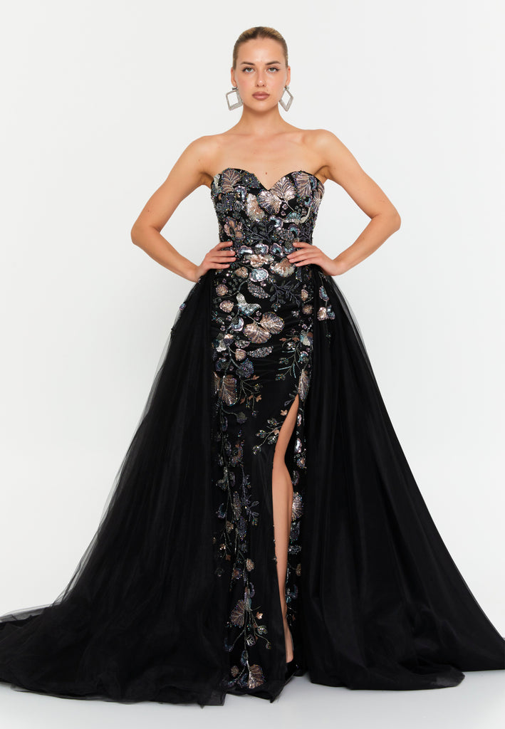 Strapless Sweetheart Sequin Embroidered Evening Gown with High Slit and Train