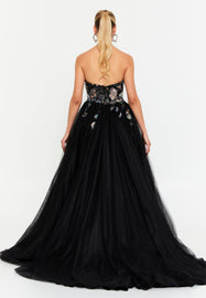 Strapless Sweetheart Sequin Embroidered Evening Gown with High Slit and Train