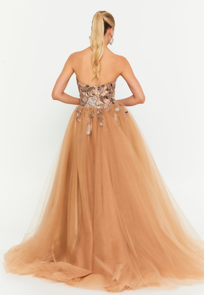 Strapless Sweetheart Sequin Embroidered Evening Gown with High Slit and Train