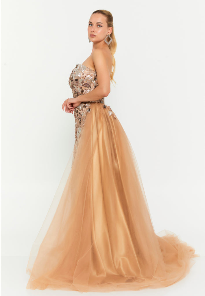 Strapless Sweetheart Sequin Embroidered Evening Gown with High Slit and Train