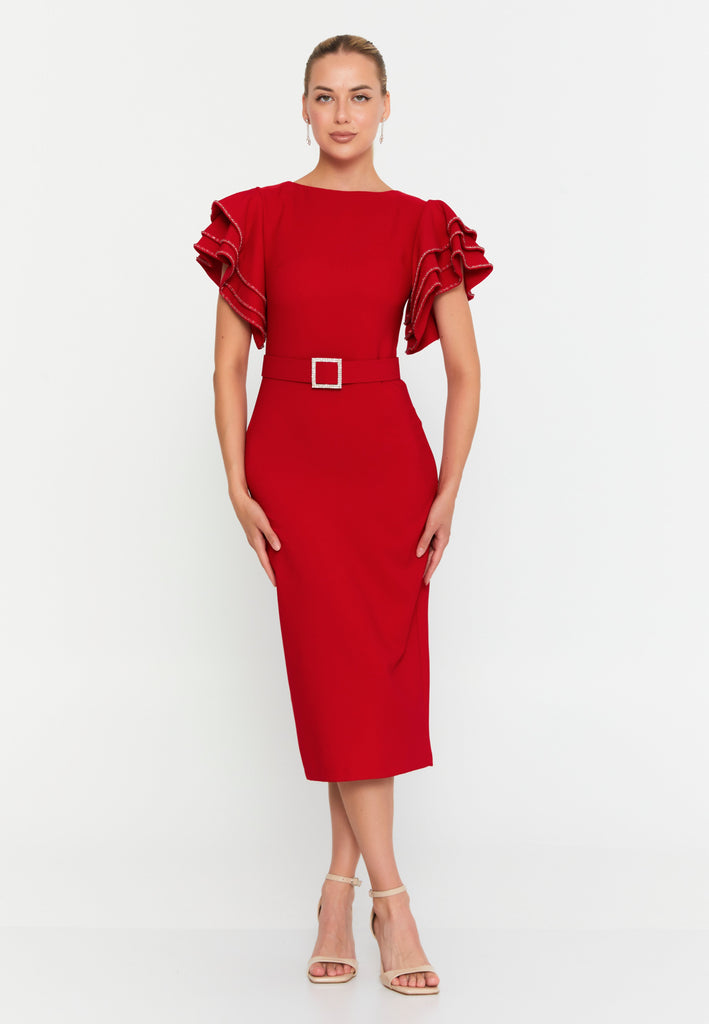 Midi Dress with Ruffle Sleeves, Waist Belt, and Fitted Silhouette