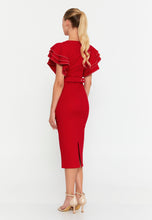 Load image into Gallery viewer, Midi Dress with Ruffle Sleeves, Waist Belt, and Fitted Silhouette