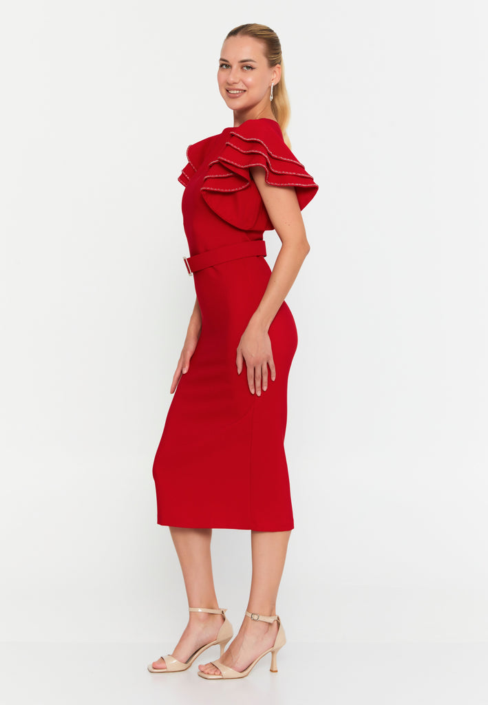 Midi Dress with Ruffle Sleeves, Waist Belt, and Fitted Silhouette