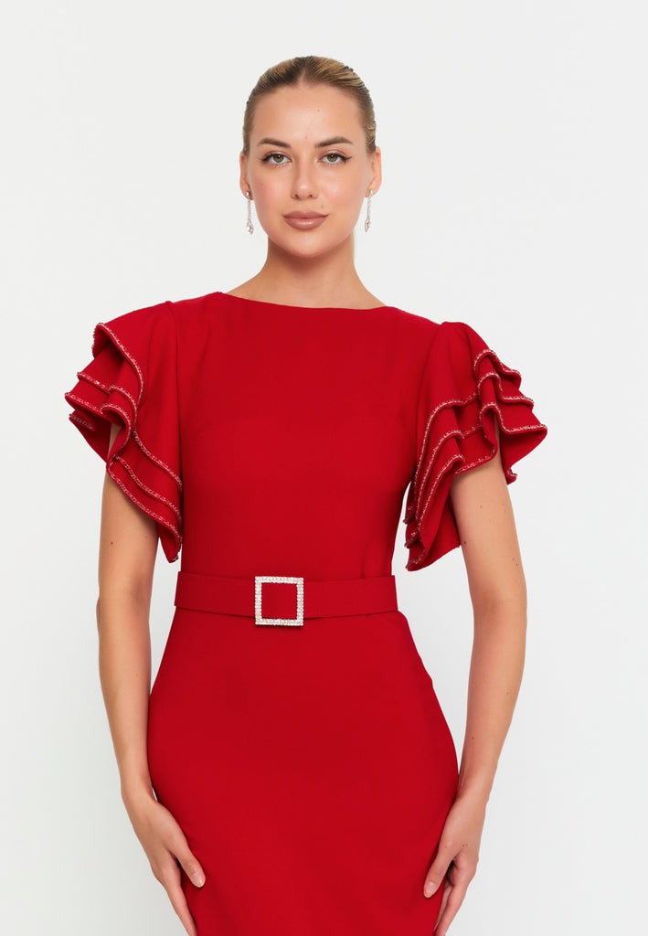 Midi Dress with Ruffle Sleeves, Waist Belt, and Fitted Silhouette