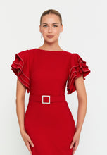 Load image into Gallery viewer, Midi Dress with Ruffle Sleeves, Waist Belt, and Fitted Silhouette
