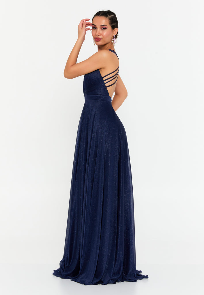 V-Neck Sleeveless Maxi Gown with Waist-Cinching Design and Flowing Hem