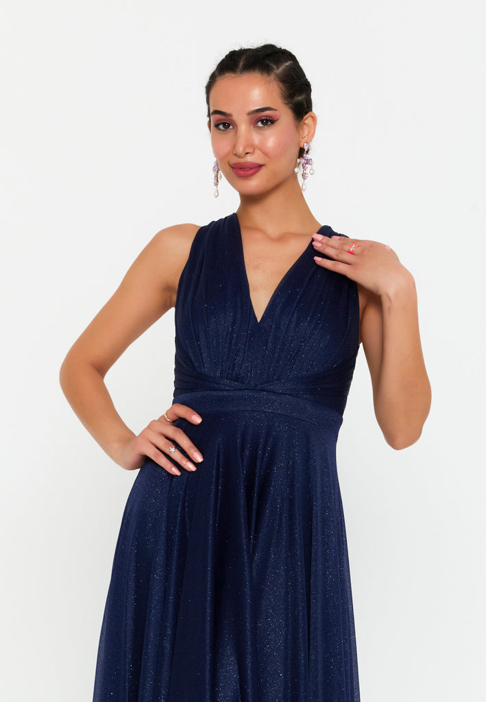 V-Neck Sleeveless Maxi Gown with Waist-Cinching Design and Flowing Hem