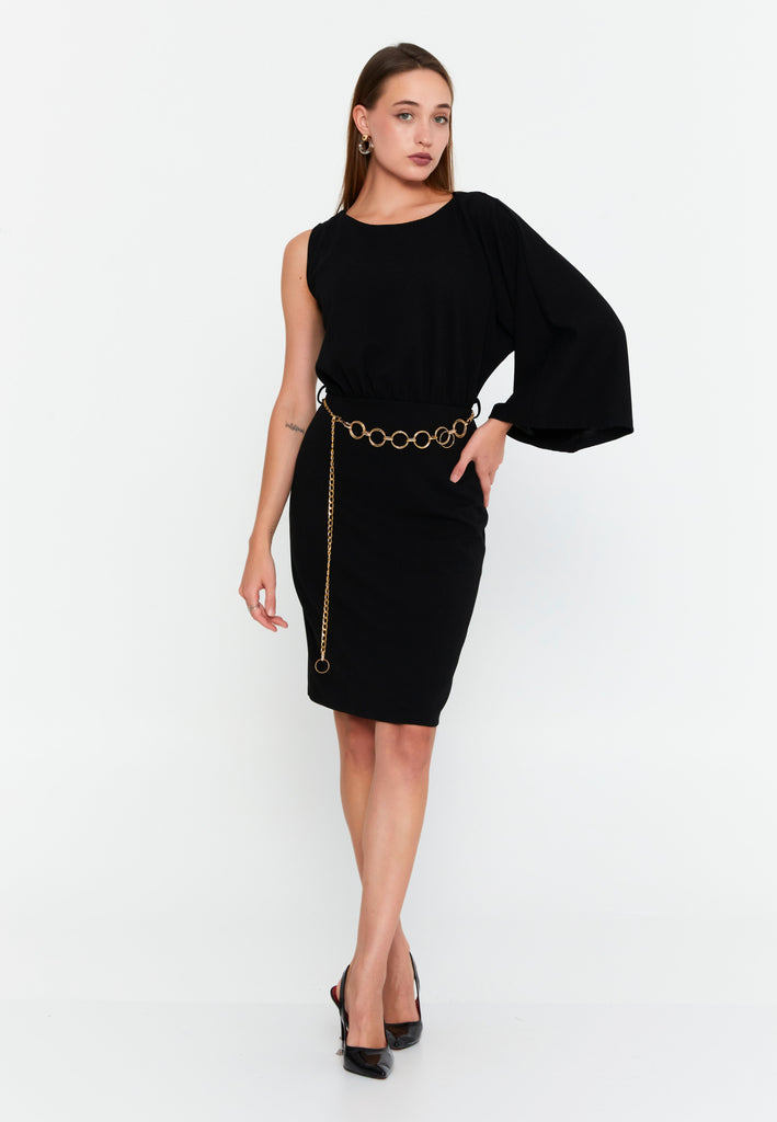 Asymmetric One-Sleeve Midi Dress with Chain Belt